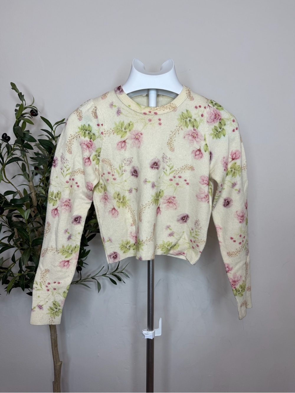 Favorite Daughter Cream Cropped Floral Sweater with Pink & Green Accents